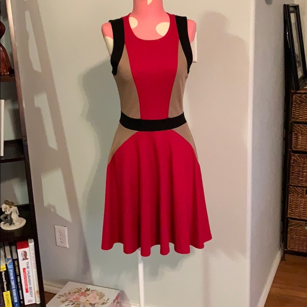 Red, beige, and black dress